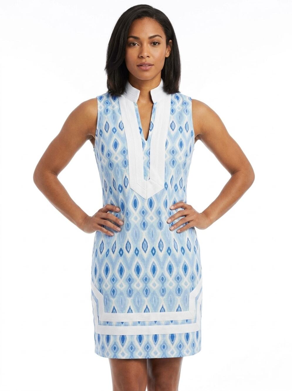 Sail to Sable Mini Tunic Dress Women's L Coastal Blue Ikat Linen Blend Classic